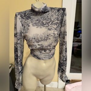 High neck open back crop top with pearl buttons